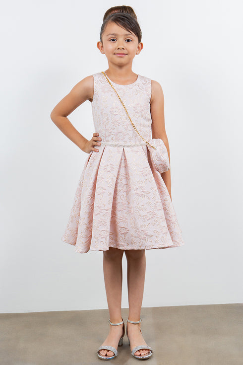 Girls Rhinestone Waist Shoulder Bag Foil Print Jacquard Dress 2-12